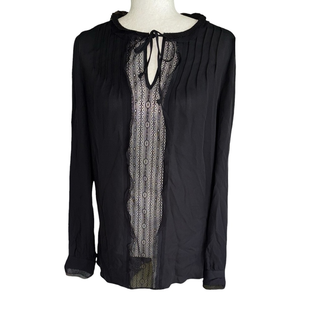 Kobi Halperin Black Silk Lace Mesh Tie Neck Blouse - S